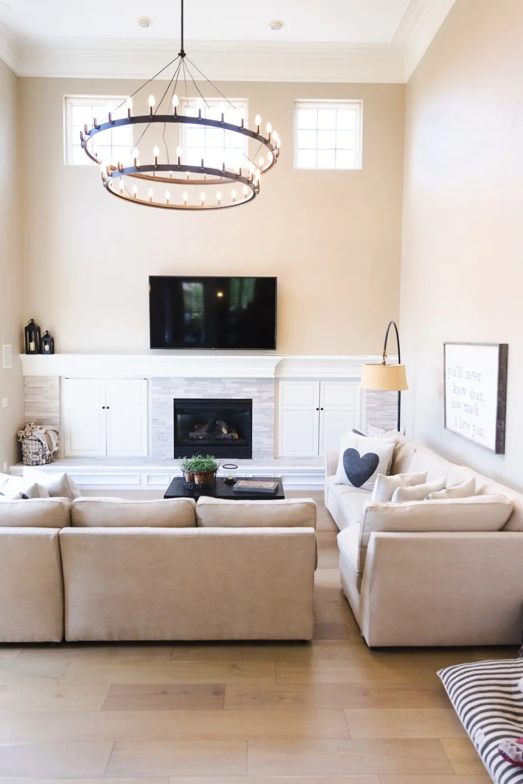 Family room with white painted fireplace built-ins in Lone Tree