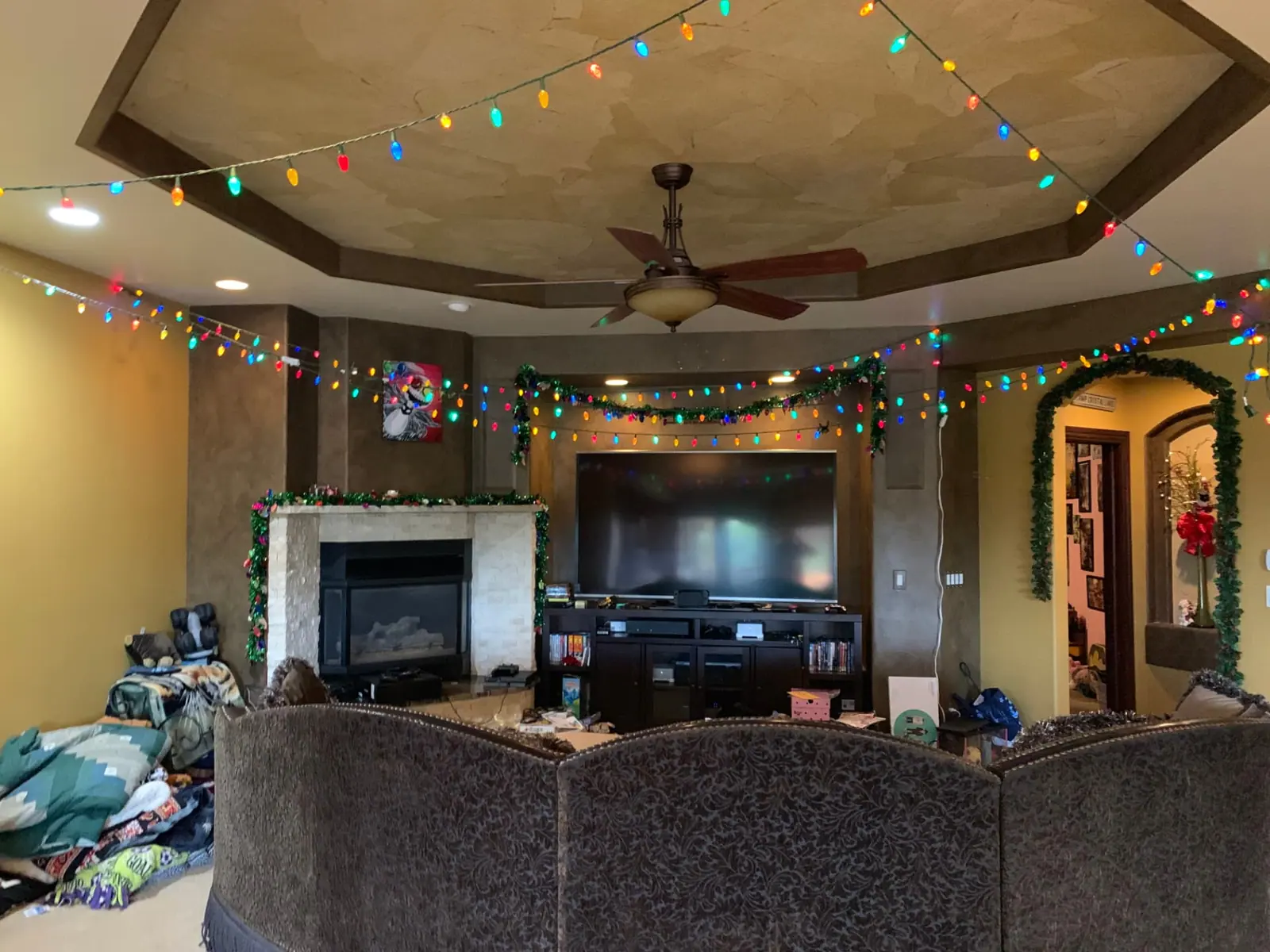 Damaged textured popcorn ceiling before removal